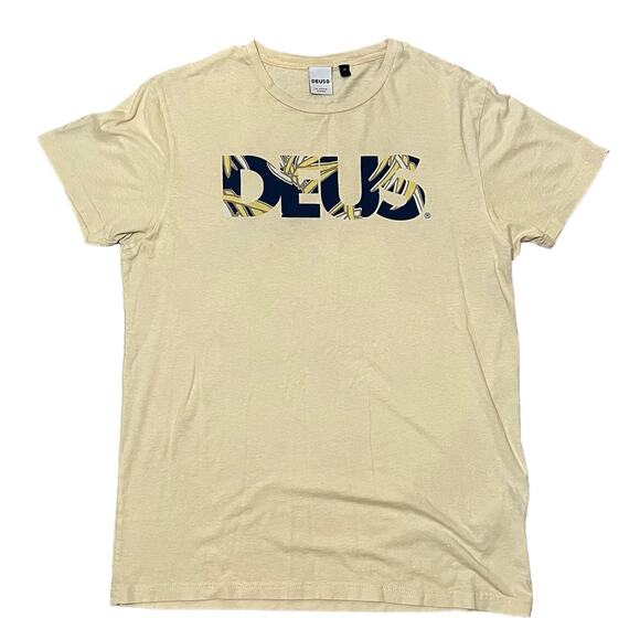 Deus Ex Machina Miyagi Caps Tee Shirt Spellout Yellow Faded Motorcycle Medium - Picture 1 of 9